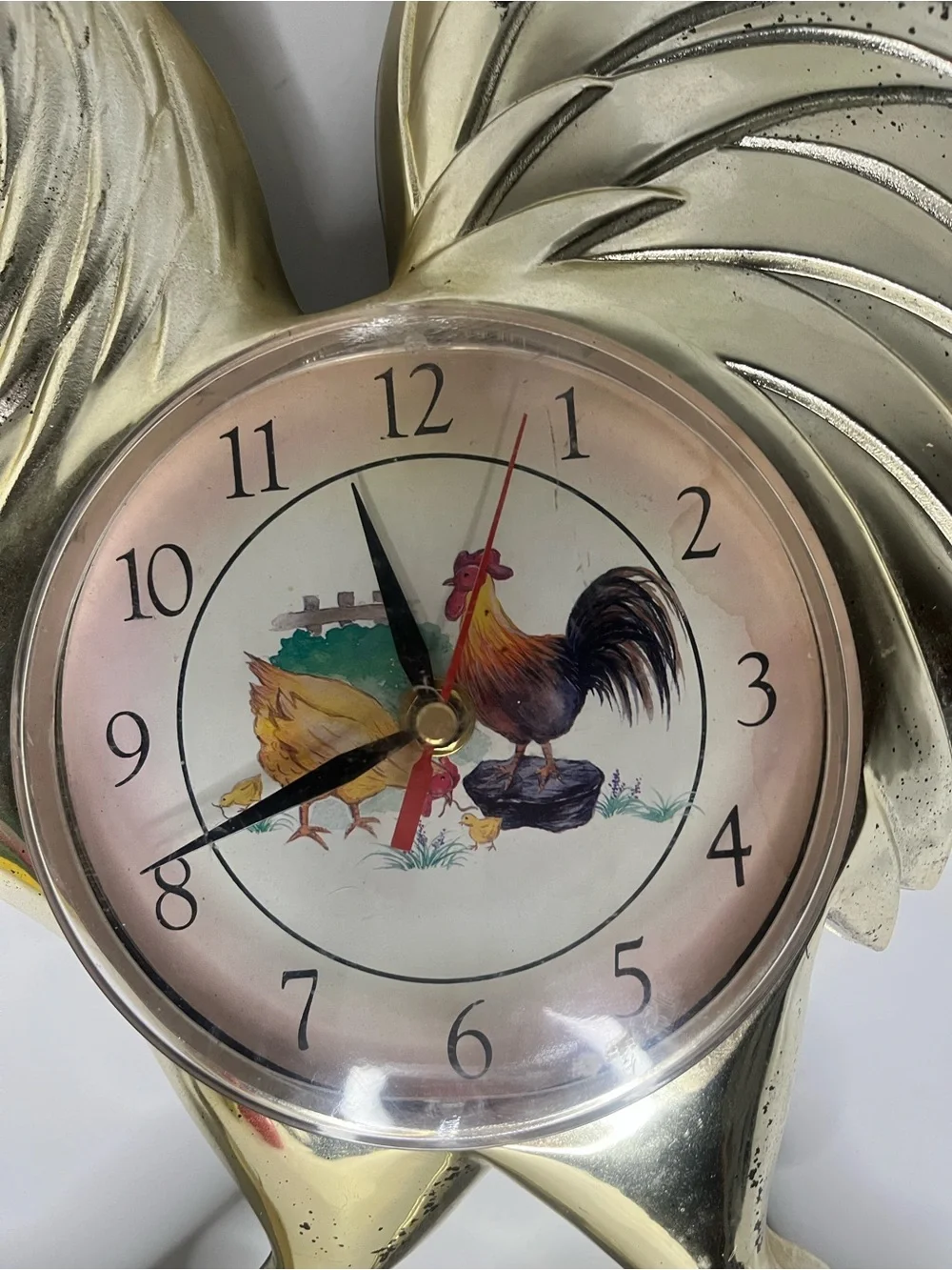 Vtg Rooster Wall Clock Hanger Farmhouse Metallic  Works Kitchen Farmcore 16”x14”